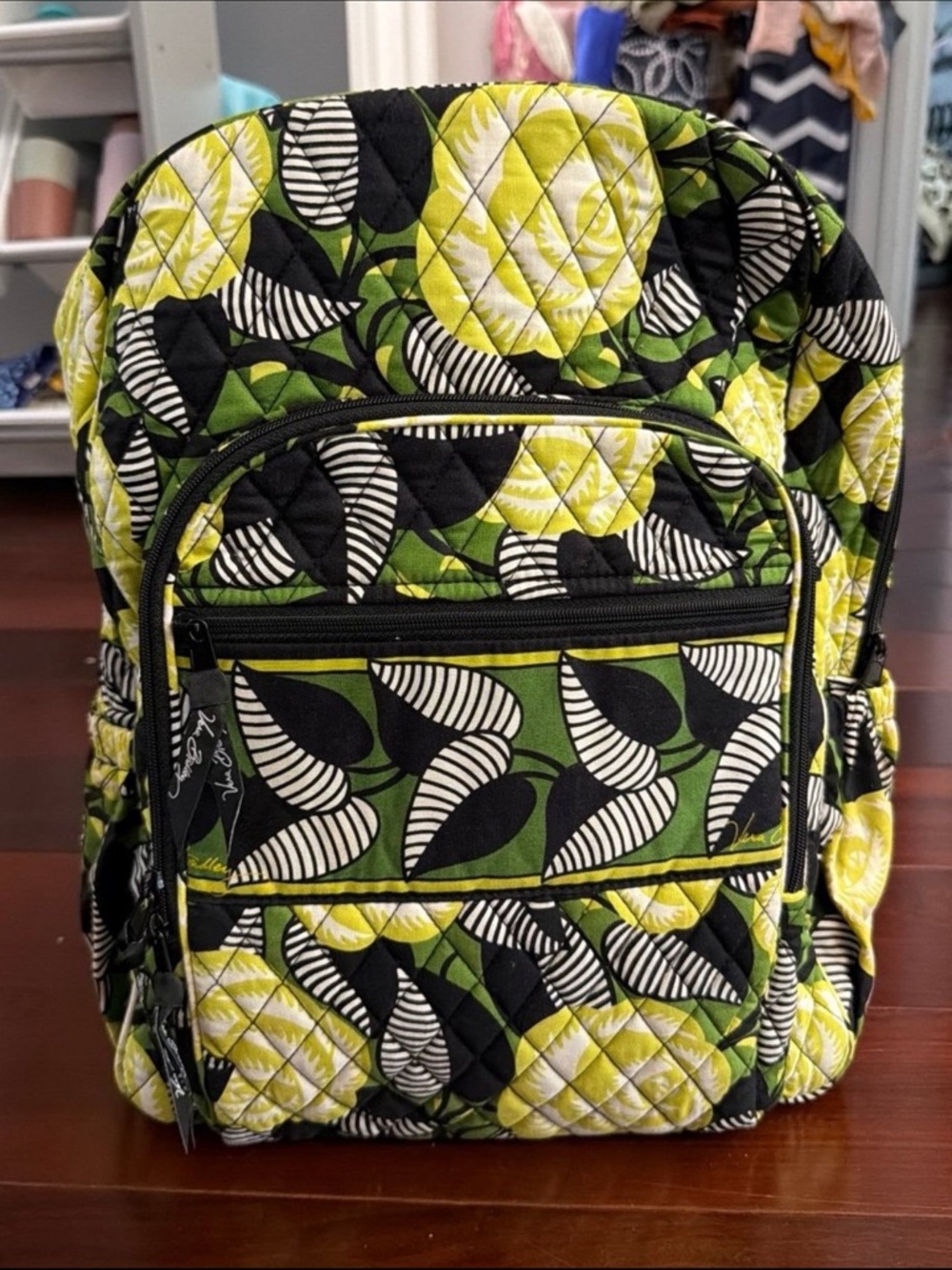 Vera Bradley Quilted Leaf Print Backpack in Lime & Black